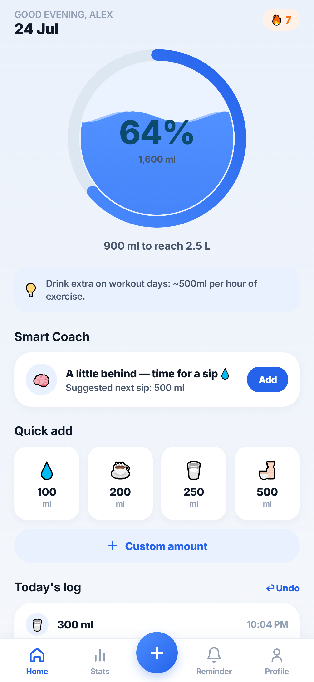 Sip Streak home screen with the animated water ring